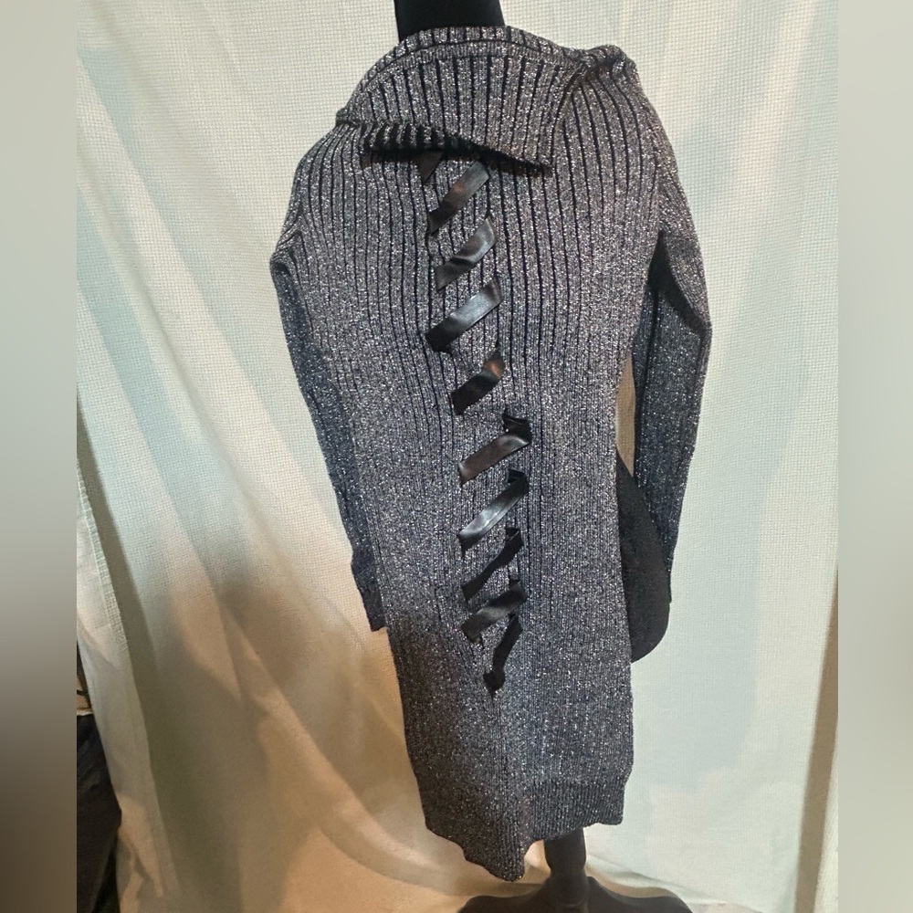 SPARKLING Ribbed Knit Turtleneck Sweater Dress - Charcoal Stretchy Cozy MIDI